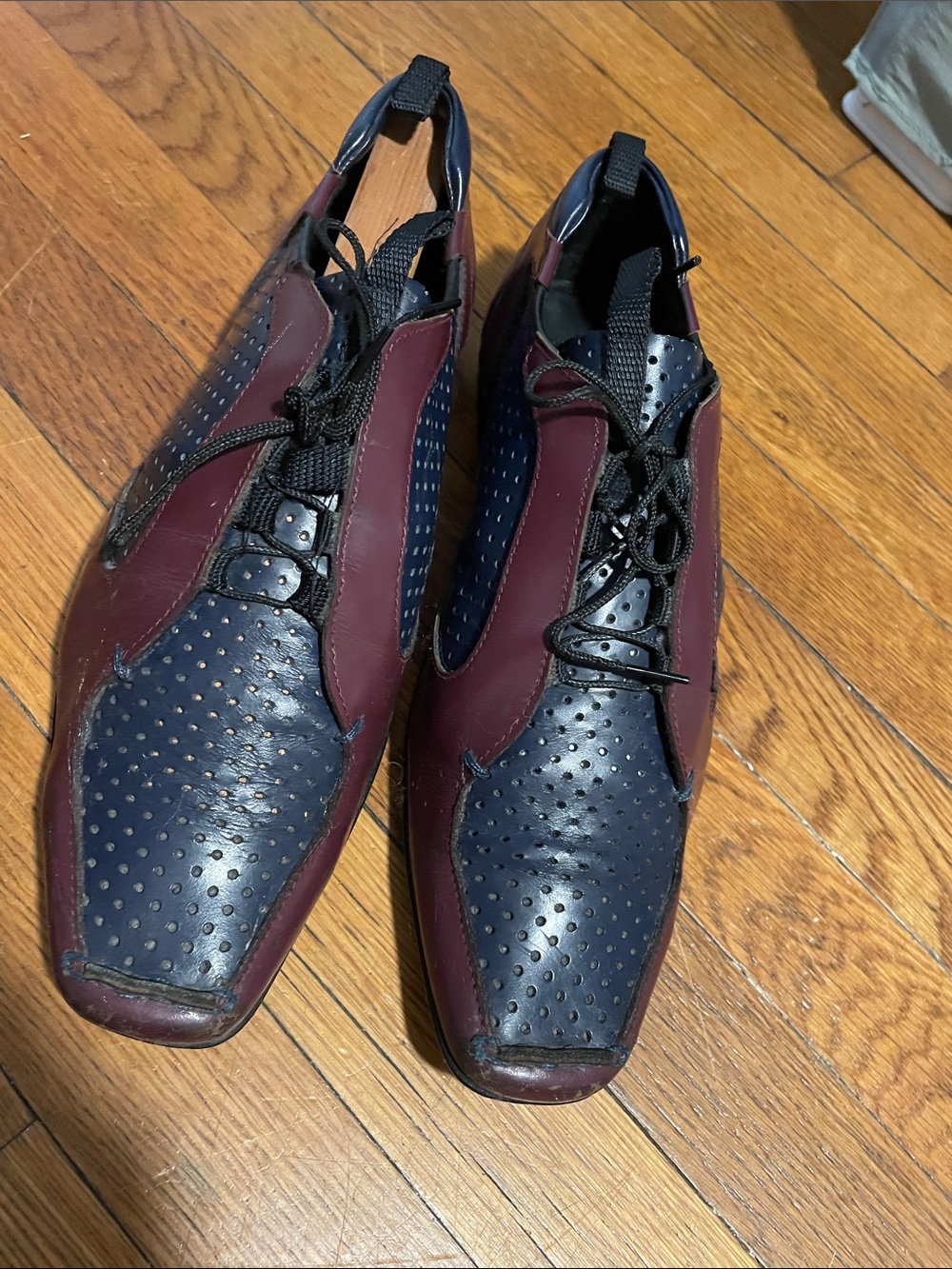 Prada Navy and Burgundy Perforated Leather Oxfords